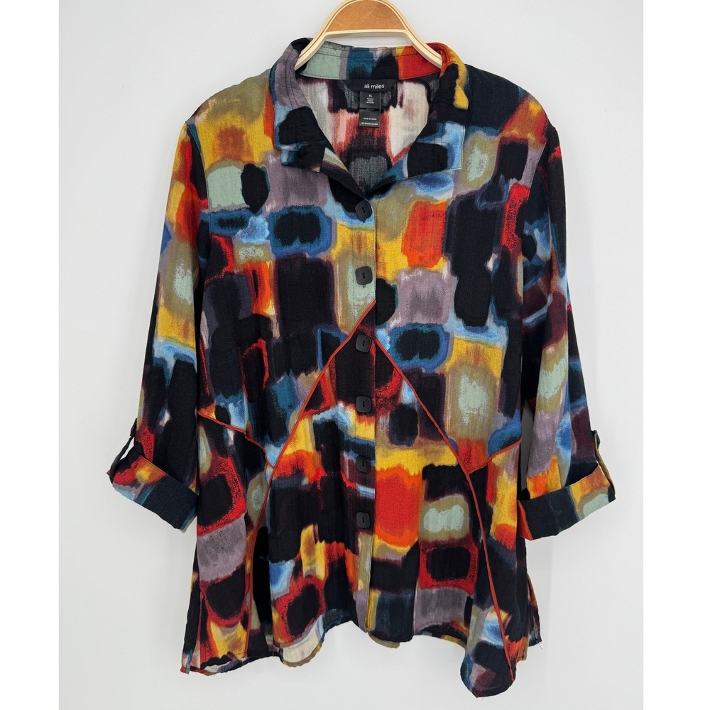 Ali Miles Button Front Abstract Tunic XL Multicolor Art To Wear Lagenlook Boho